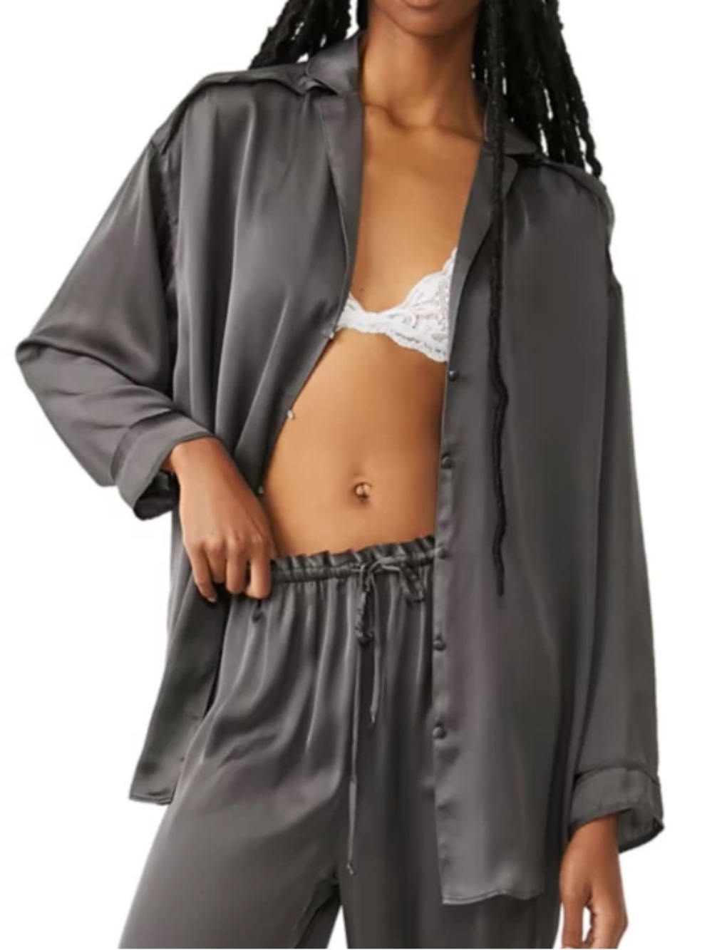 Free People Dreamy Days Black Satin Button Front Pajama Top Size M